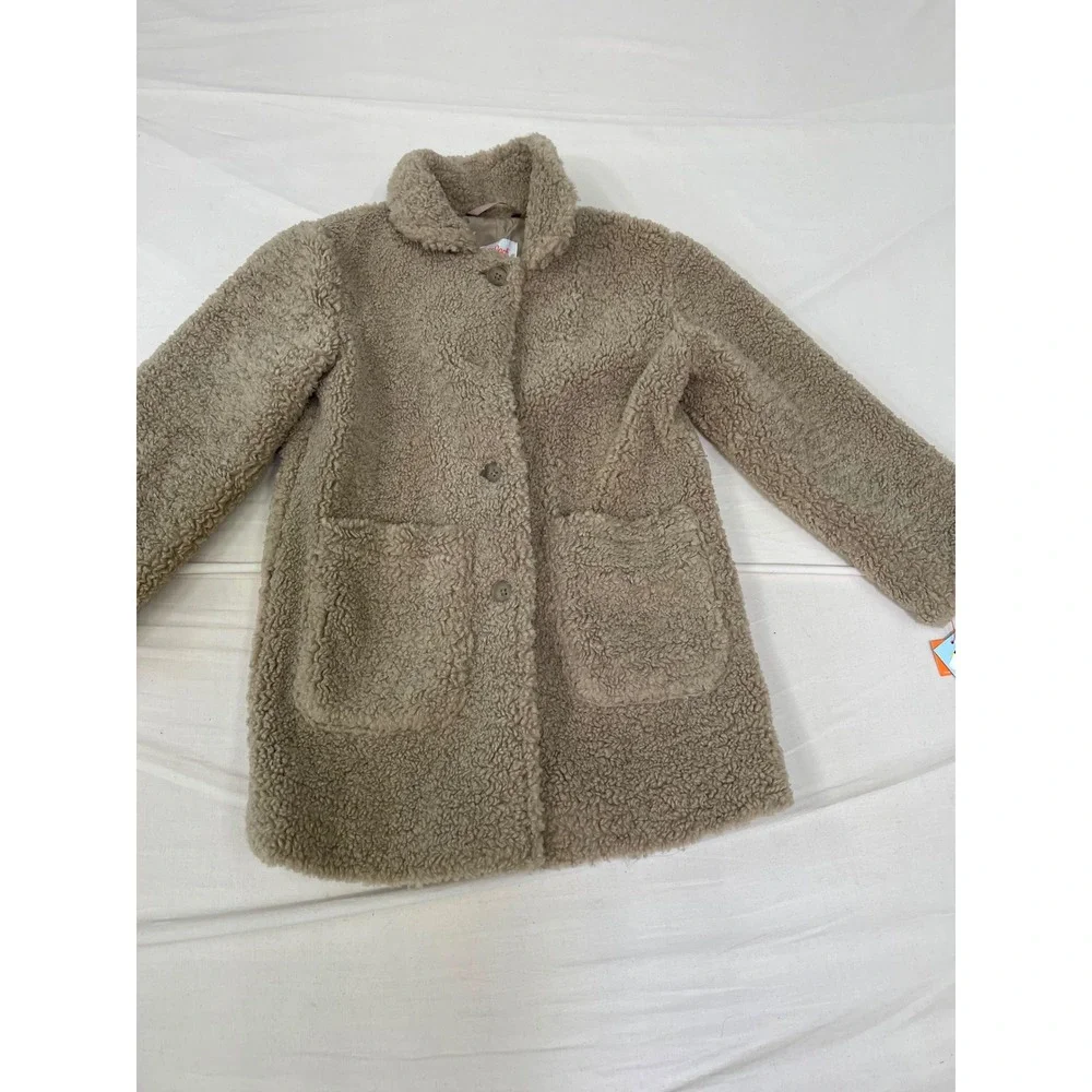 Cat & Jack Girls Sherpa Faux Fur Coat Tan Brown Button Front Jacket Size S 6-6X